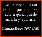 Cuadro de texto: La belleza no hace feliz al que la posee, sino a quien puede amarla y adorarla.
Hermann Hesse (1877-1962)